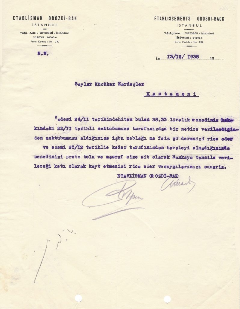 Resim 1: Orosdi Back İstanbul Antetli 1938 Tarihli Doküman
