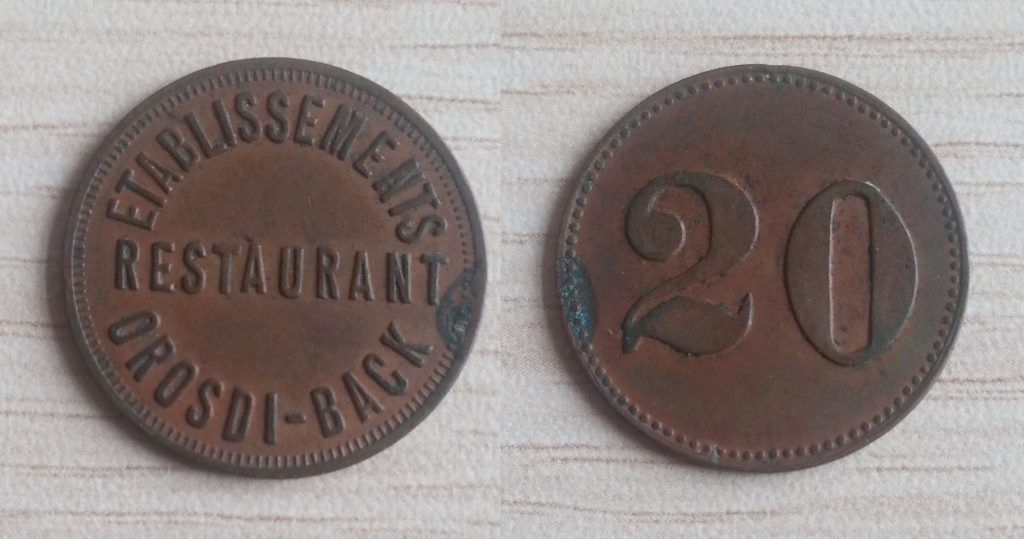 Resim 3: Orosdi Back firmasına ait ön yüzünde “Establissement Restaurant Orosdi-Back” ve arka yüzünde“20” yazılı jeton