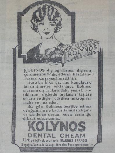 Resim 2: 30 Mart 1929 tarihli Cumhuriyet Gazetesinde yer alan Kolynos diş macunu reklam afişi (Kaynak: http://gazeteler.ankara.edu.tr/dergiler/62/1745/27143.pdf) Erişim: 25.06.2016